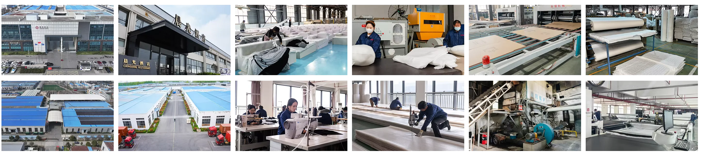 Panoramic collage of factory buildings, foam furniture production, sewing and material cutting areas