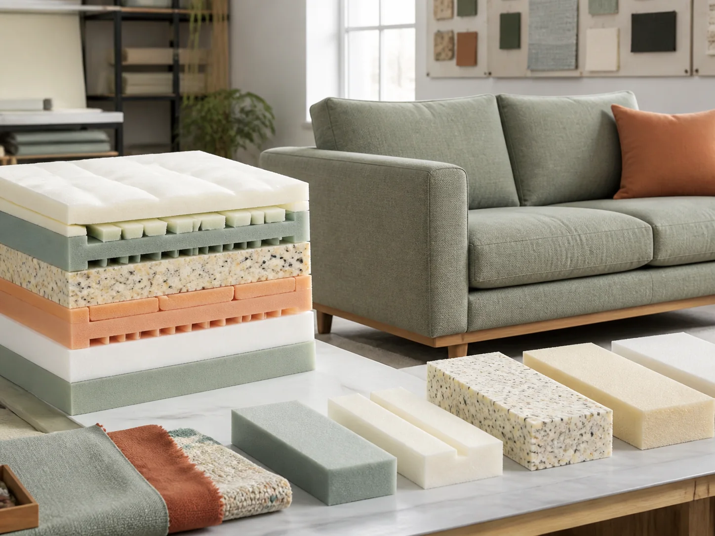 Finished sofa beside organized upholstery foam layers and material samples