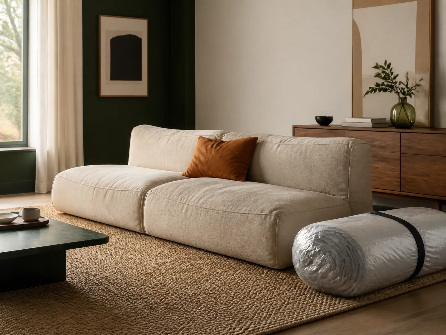 Boneless Couch Pros and Cons Low boneless couch beside a compact vacuum-packed furniture unit