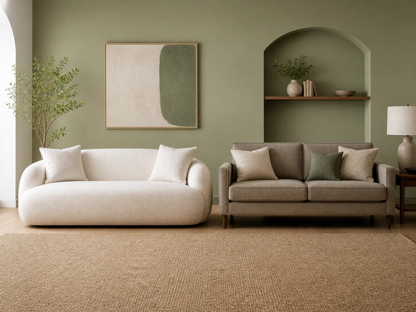 Boneless Couch vs Traditional Couch Rounded boneless couch beside a tailored traditional couch with raised legs
