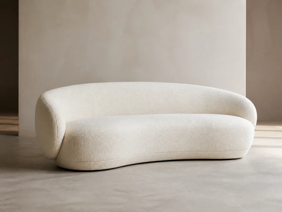 Sculptural full-foam boneless sofa showing shaped upholstered contours