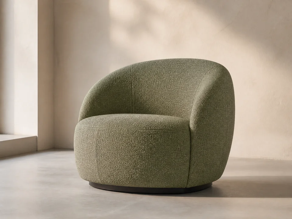 Sage green boneless lounge chair with rounded foam shell