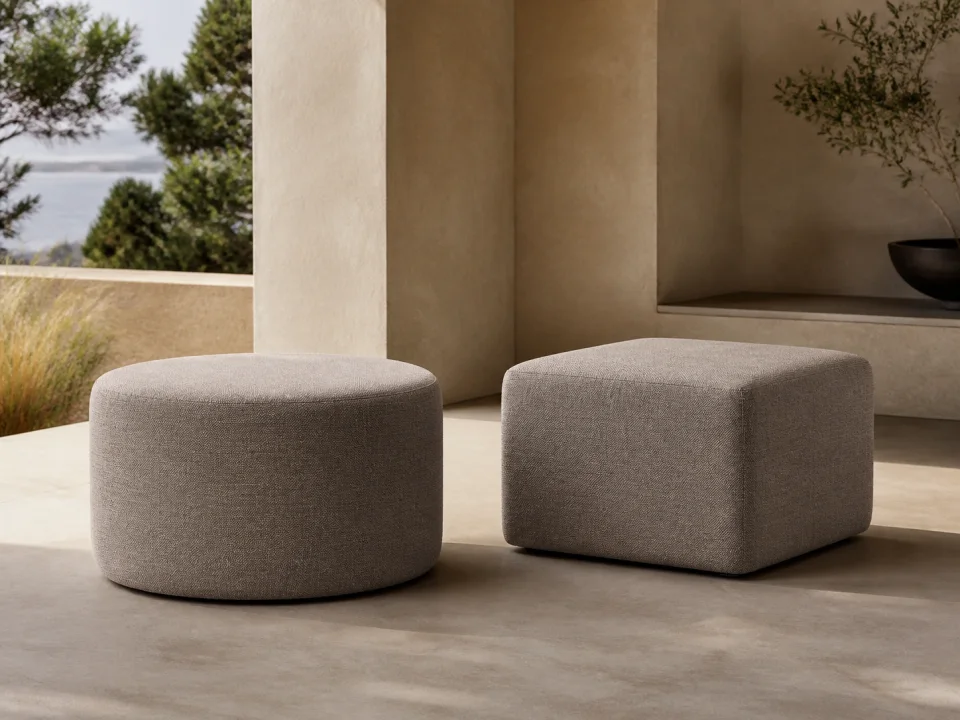 Compression Ottoman Extension Module Round and square full-foam ottoman modules in taupe upholstery