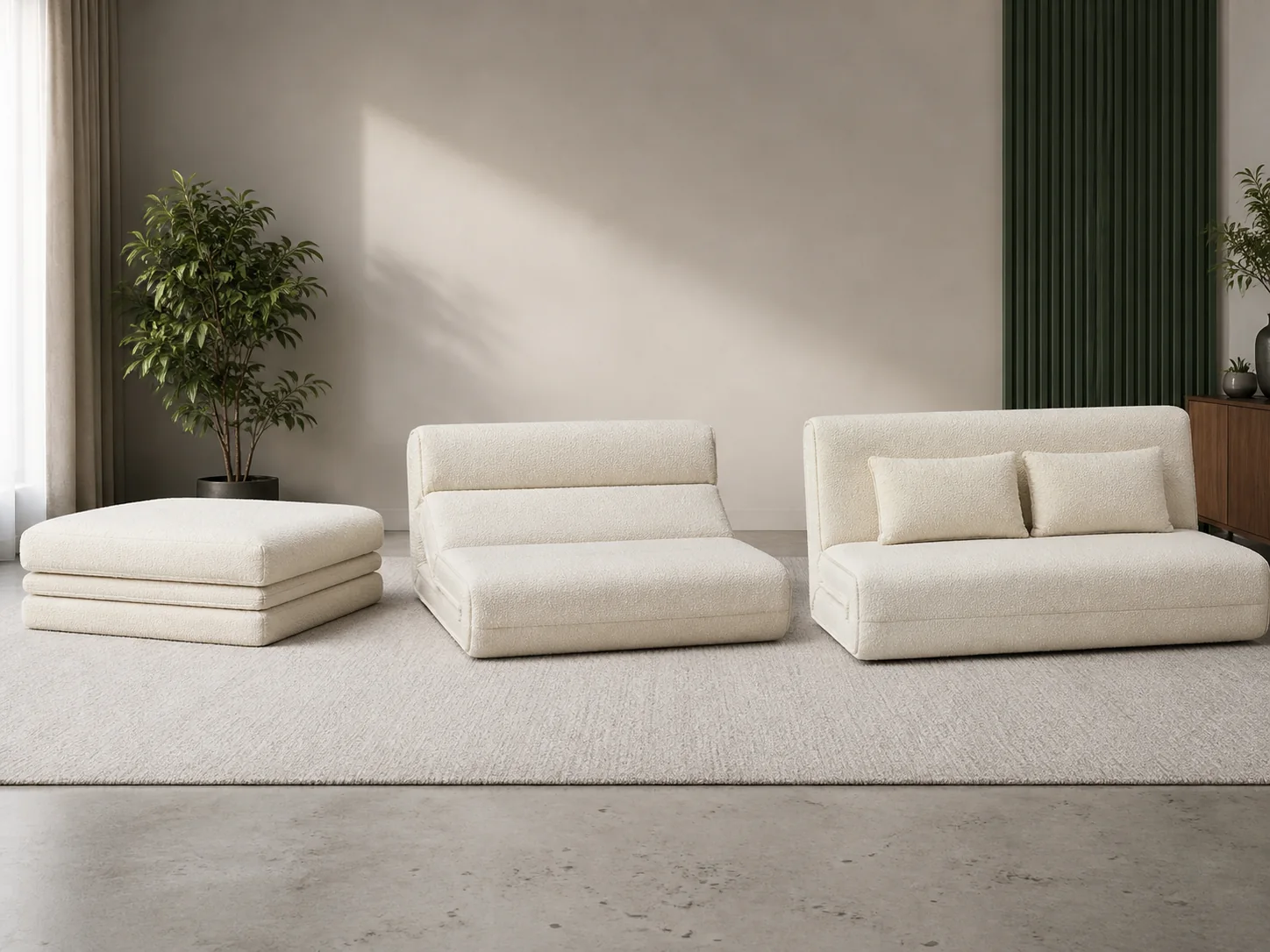 Three sofa recovery stages for a vertical opening and expansion video