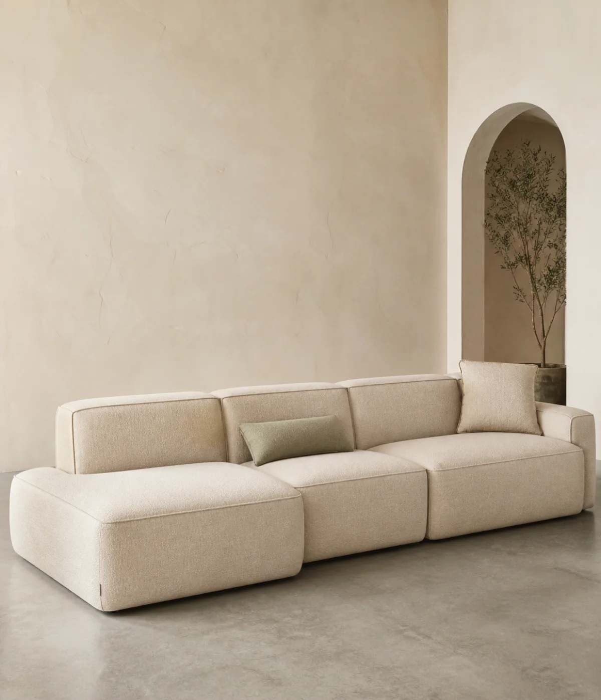 Compression sofa production floor with upholstered foam seating and factory workers