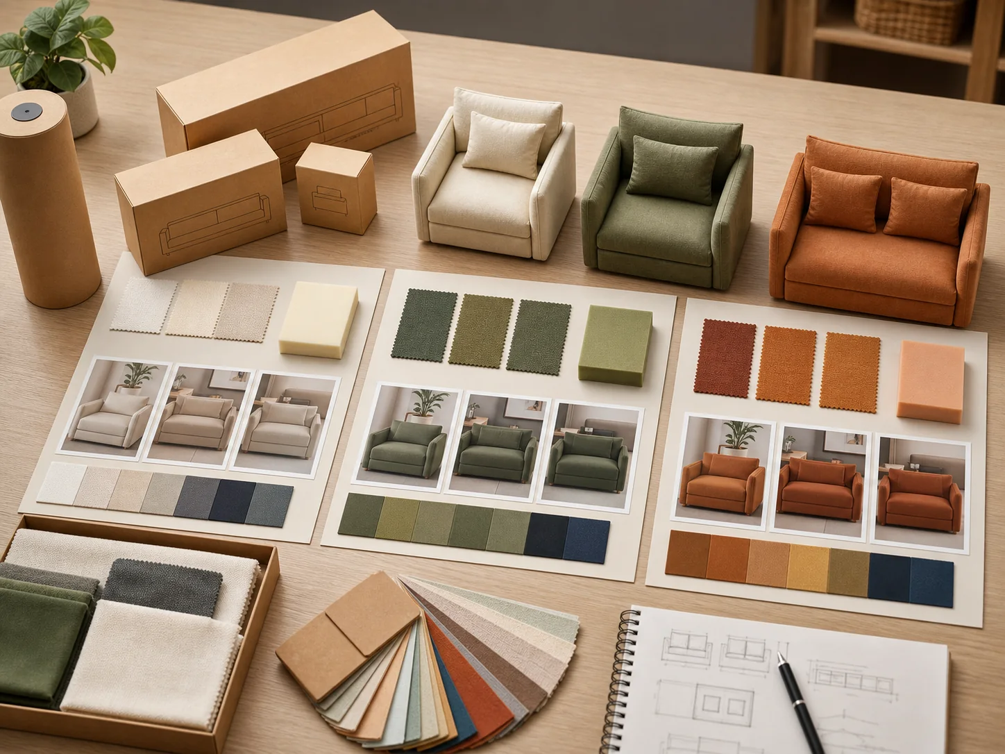 Compression Sofa MOQ Planning Sofa variants, fabric swatches, foam samples and cartons arranged for order planning