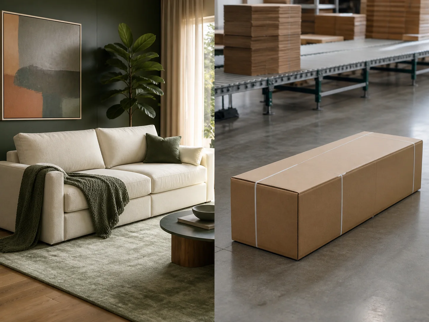 Compression Sofa Pros and Cons Recovered cream sofa and compact furniture carton shown as a sourcing tradeoff