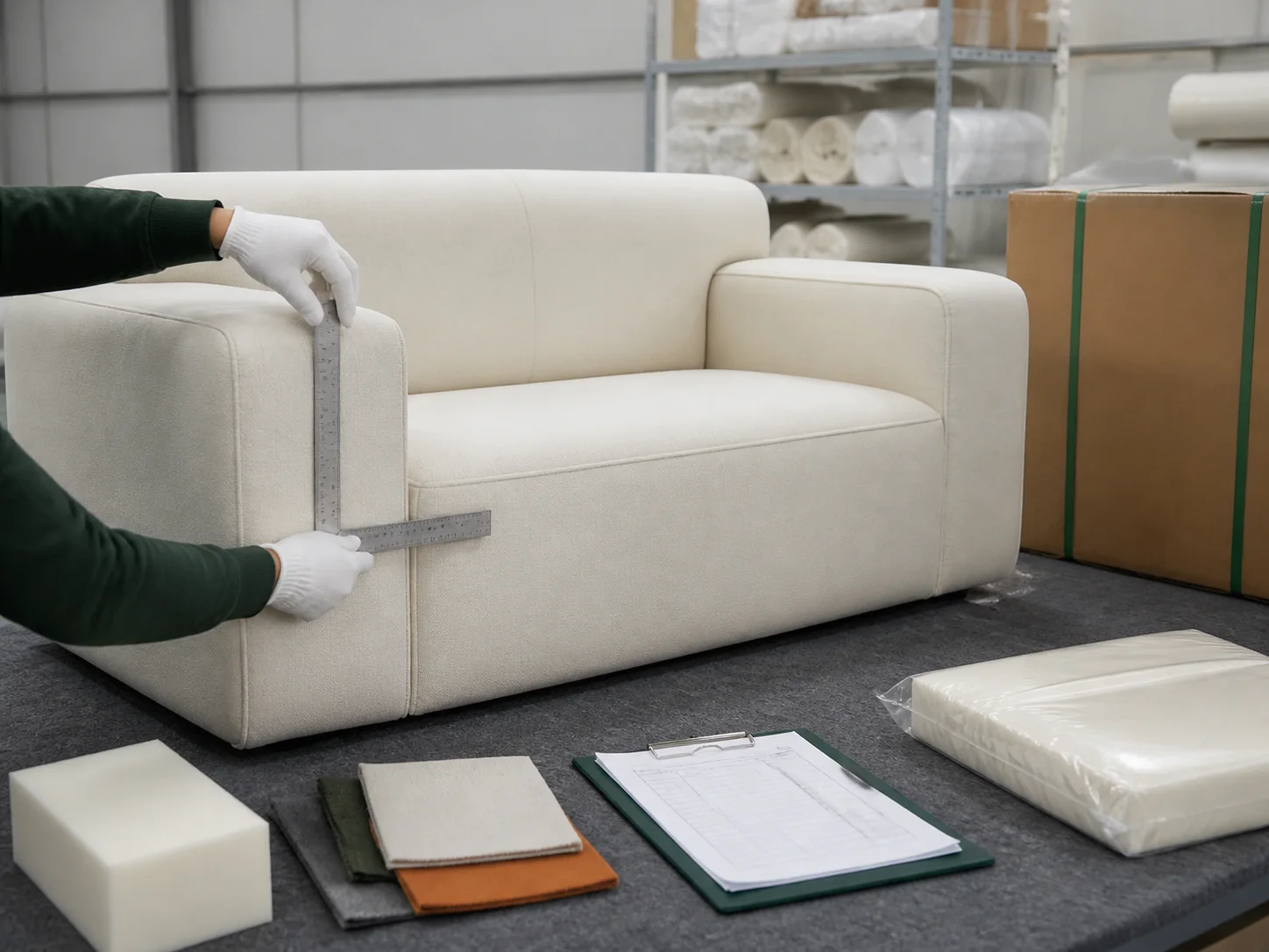 Inspector checking a foam sofa for a vertical quality-control video