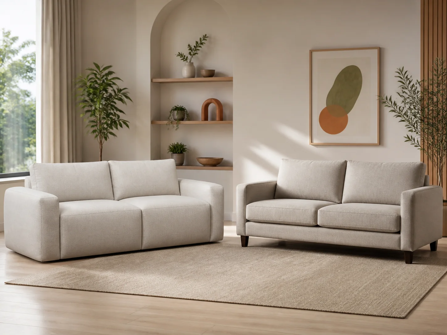 Compression Sofa vs Regular Sofa Full-foam compression sofa beside a conventional framed sofa in the same showroom