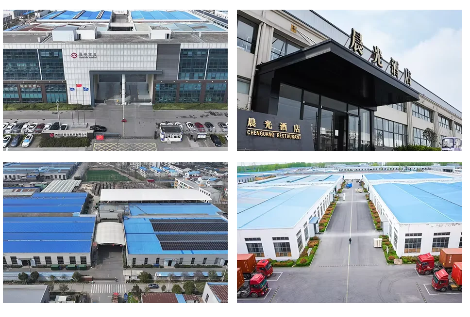 Aerial and entrance views of a large furniture manufacturing complex