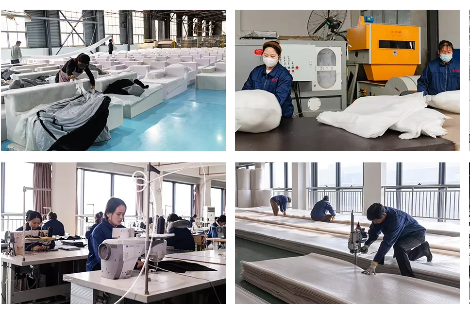 Workers upholstering foam furniture and sewing covers in production workshops