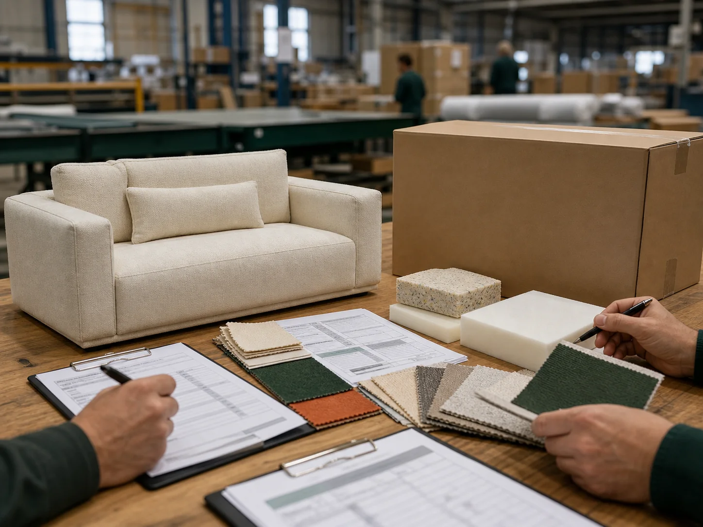 Choose a Compression Sofa Manufacturer Sofa sample, foam, textiles, carton and inspection documents under sourcing review