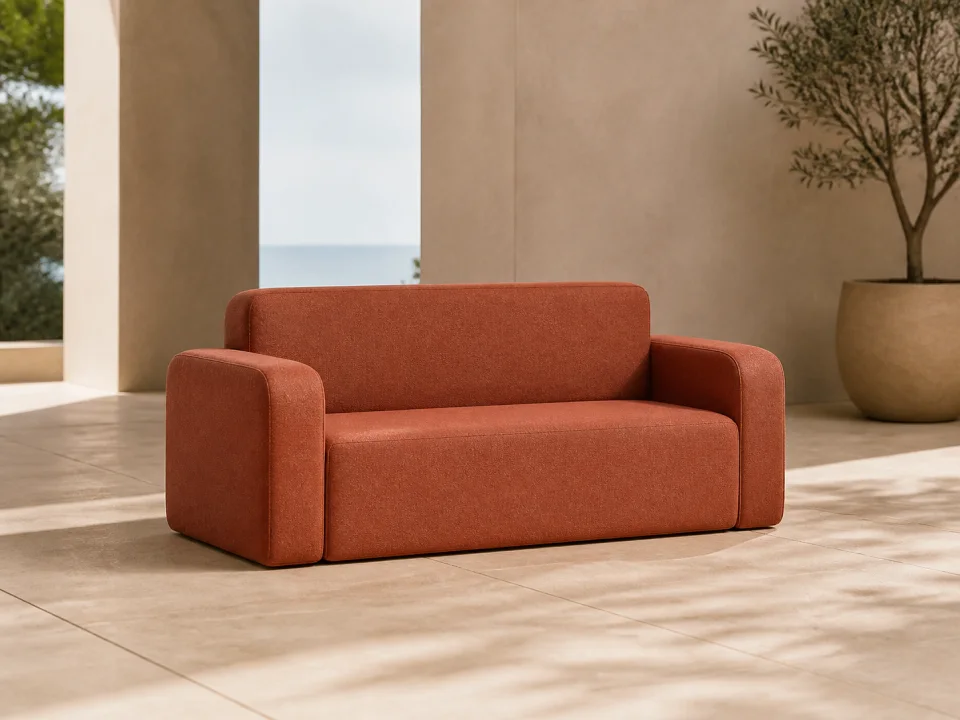 Small terracotta kids foam sofa with rounded corners