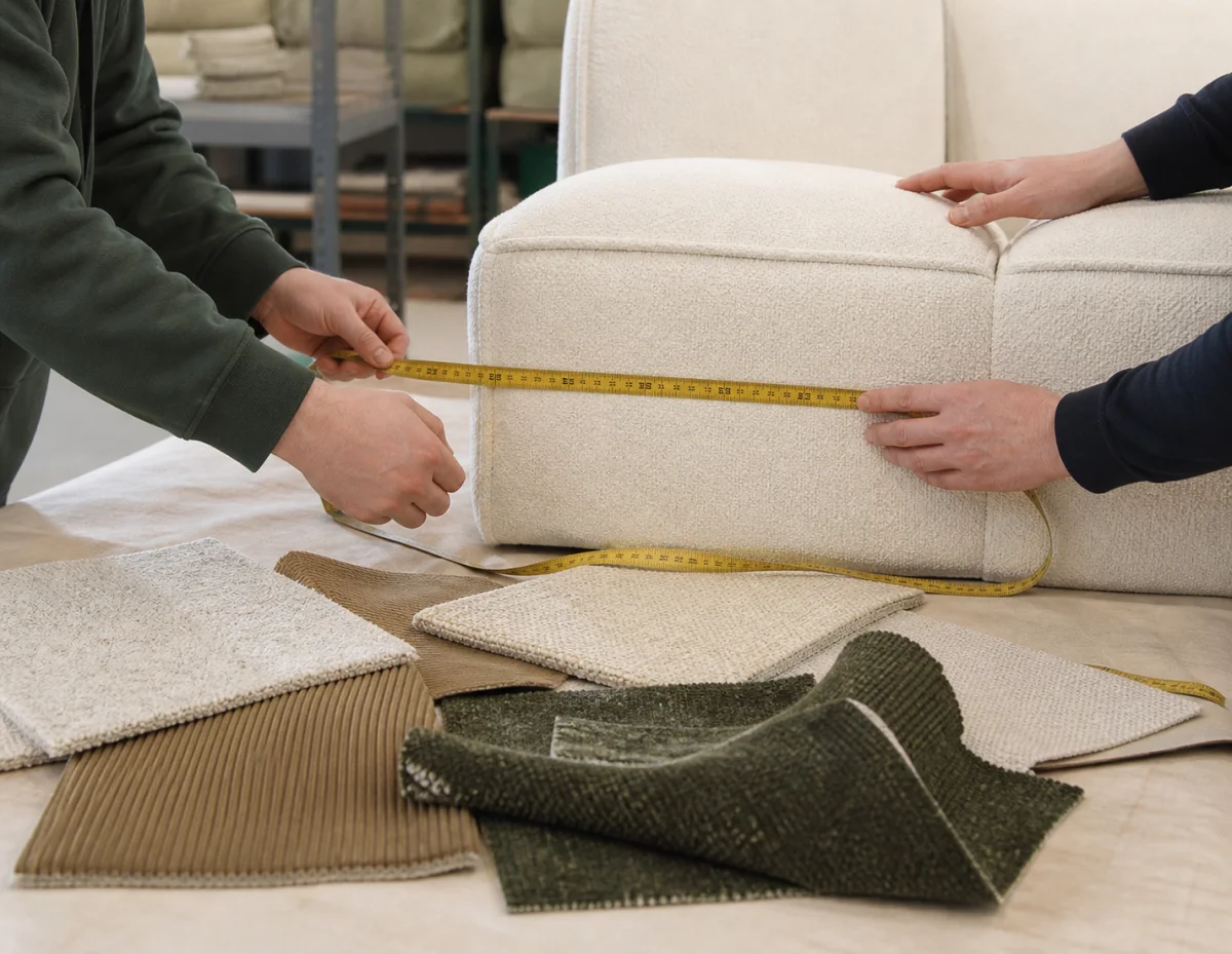 Furniture team reviewing compression sofa sample and packaging criteria