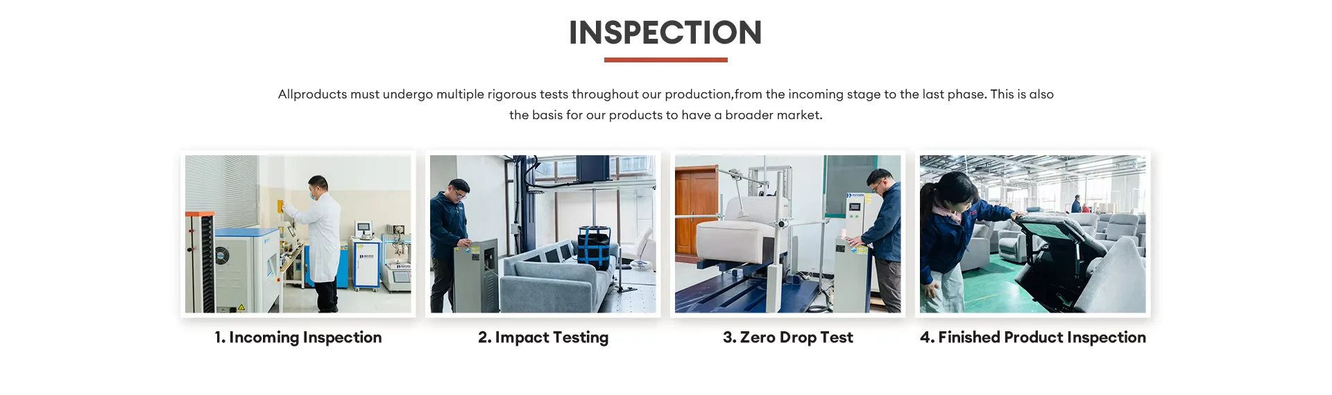 Furniture inspection stages covering incoming material, impact, drop and finished product checks