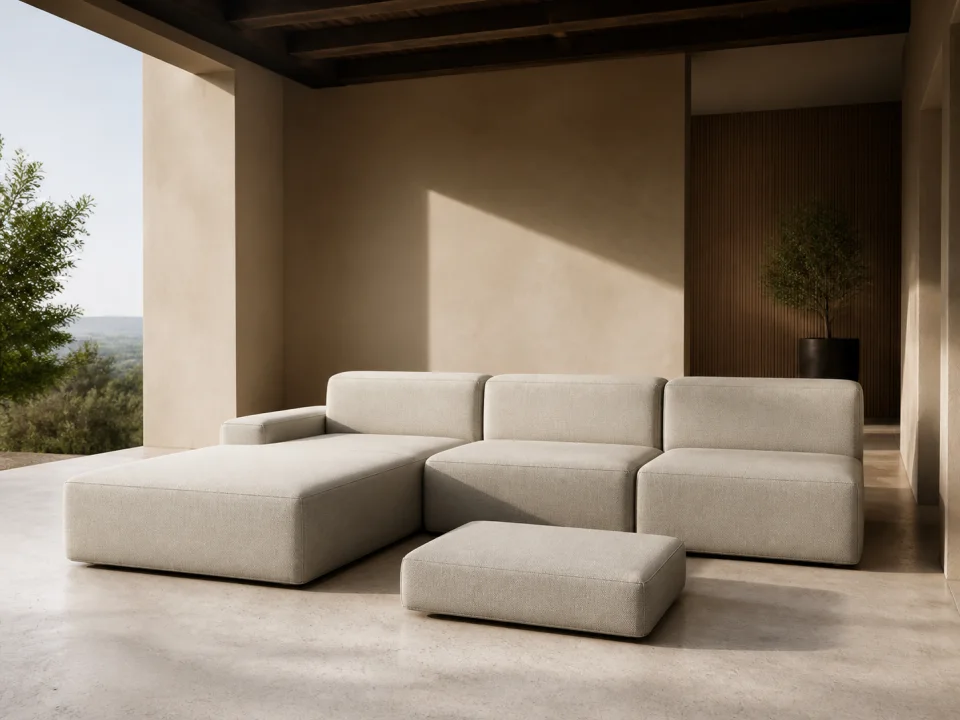Sheltered outdoor compression sofa illustrating exposure-specific material selection