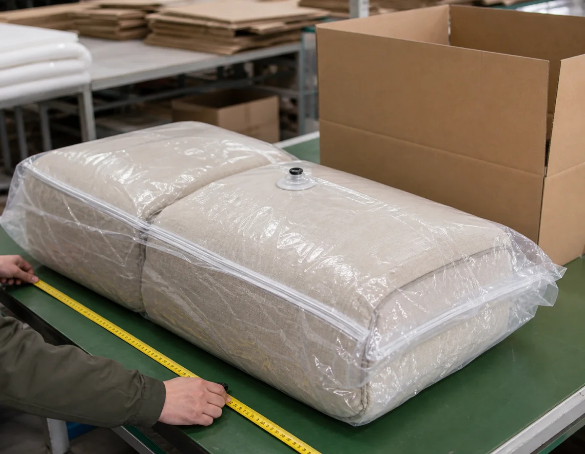 Vacuum-compressed foam sofa component beside its shipping carton