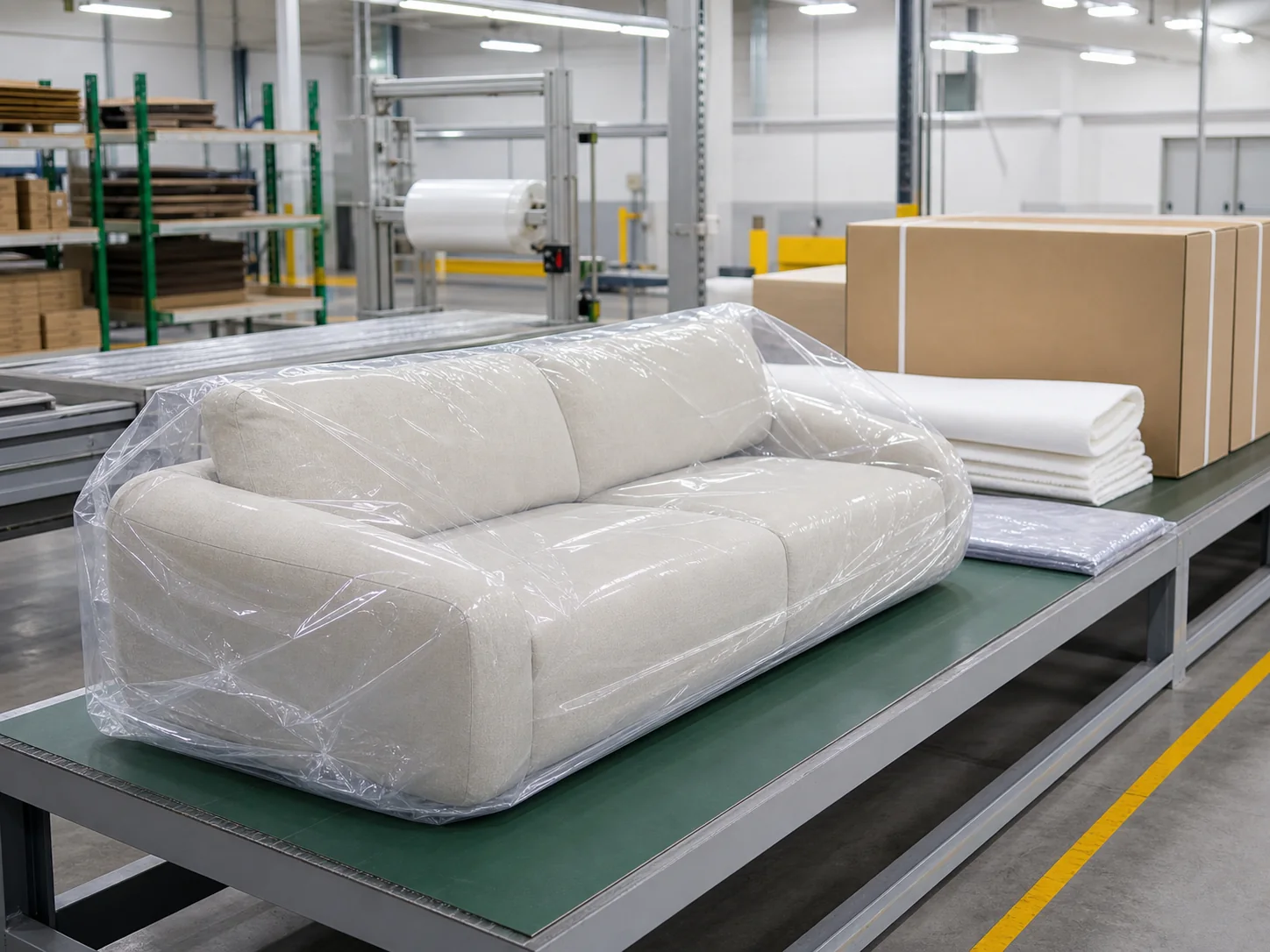 Compression sofa packaging process prepared for a vertical product video