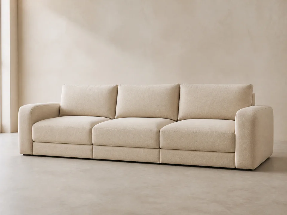 Full-foam compression sofa restored to its intended upholstered form