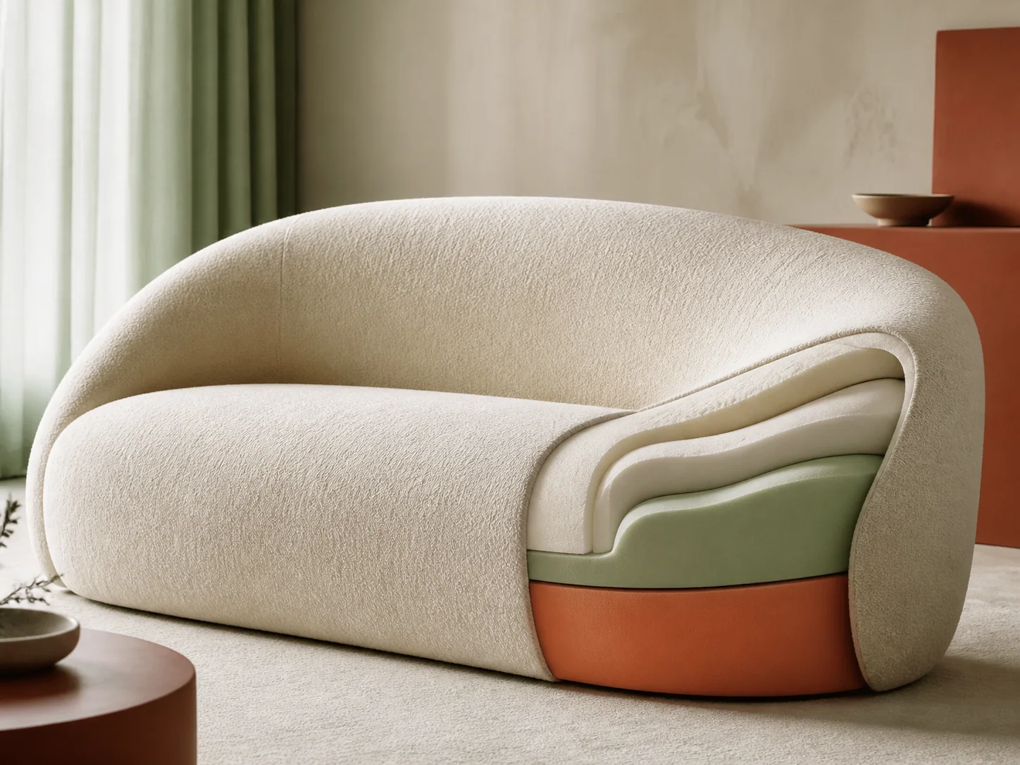 Curved full-foam boneless couch for a vertical construction video